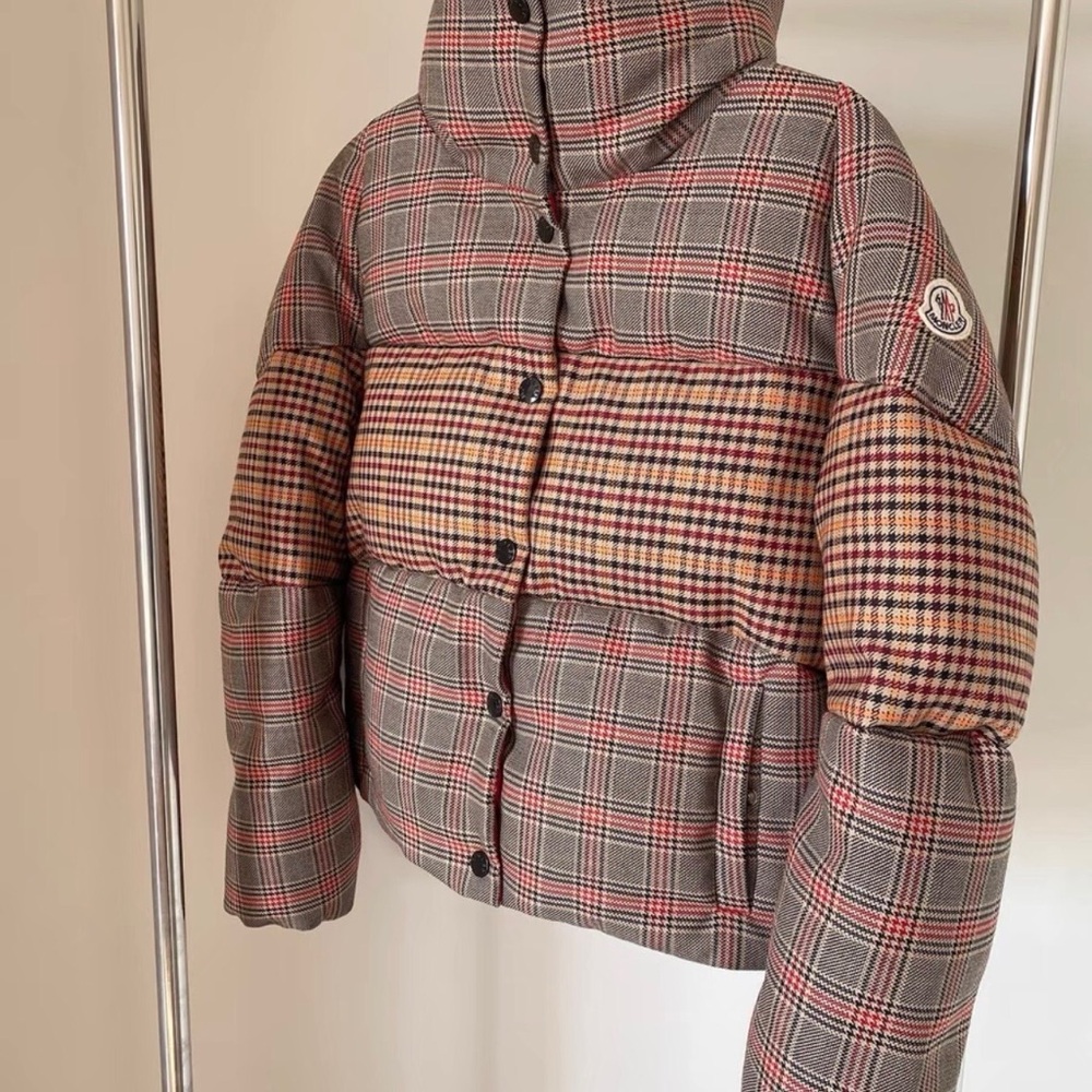 Moncler Gray and Red Checkered Puffer Jacket